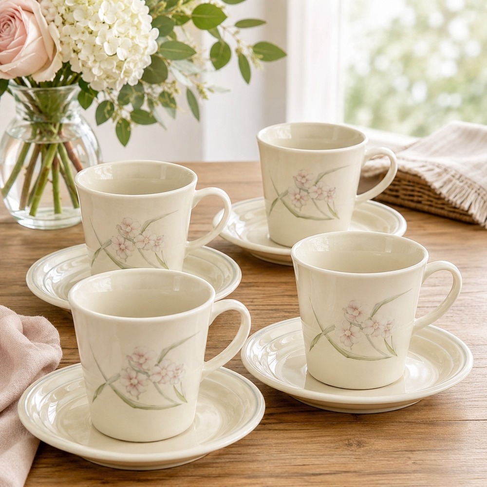 Corelle By Corning Veranda Pink Floral Cups & Saucers Set Of 4 Coquette Vintage